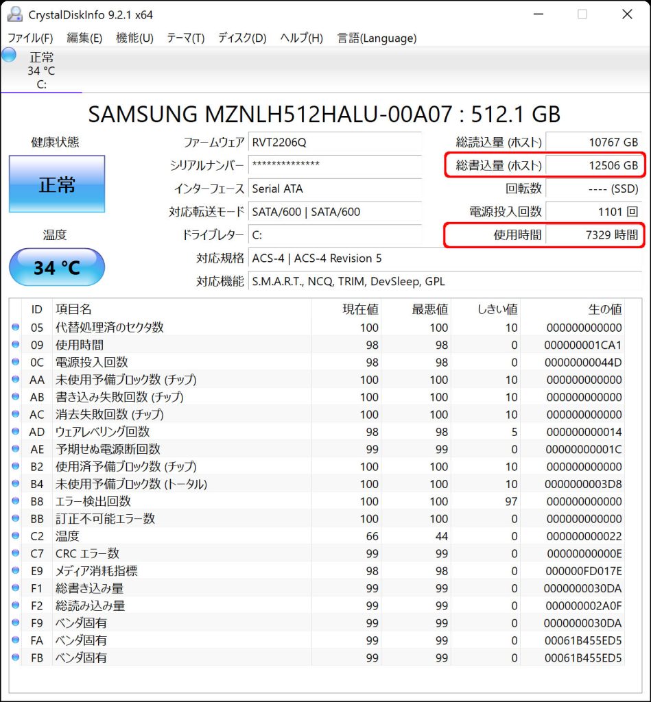 CF-QV8 初期搭載SSD CristalDiskInfo