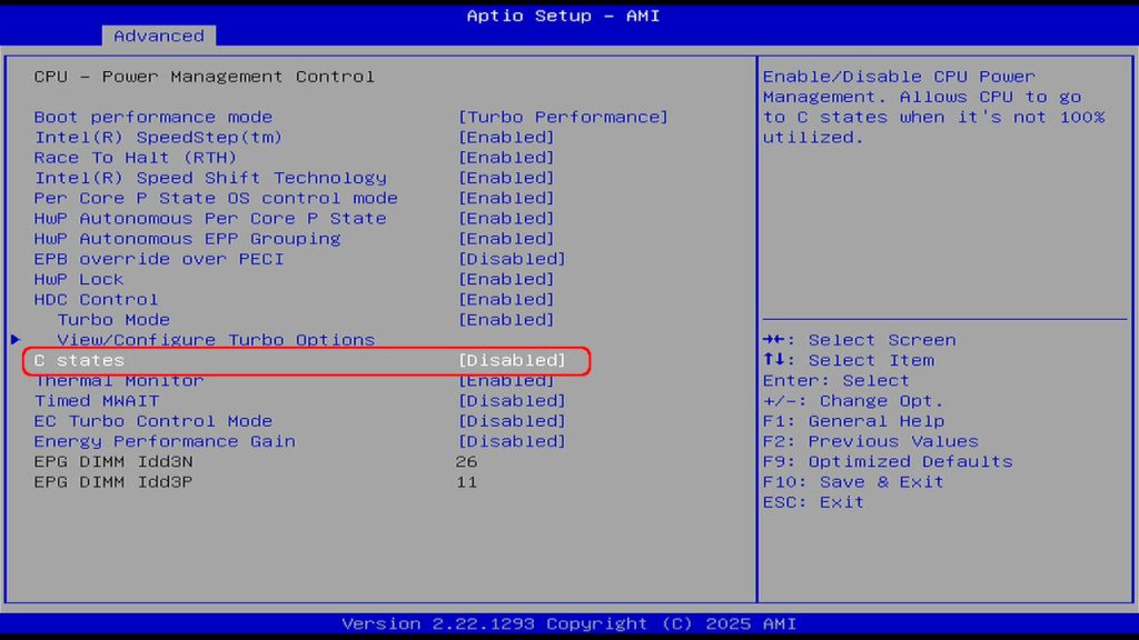 BIOS C states Disabled