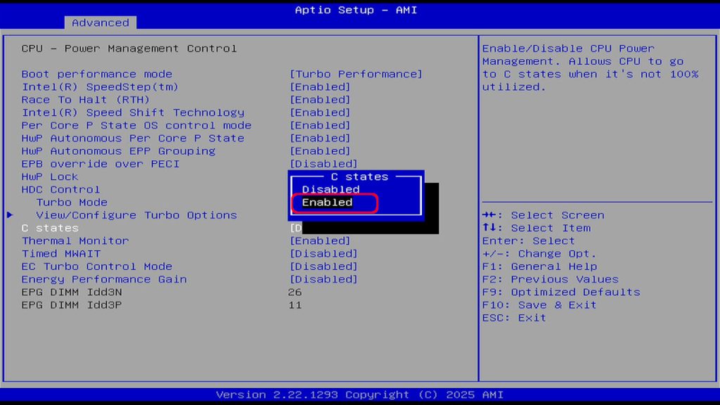 BIOS C states Select