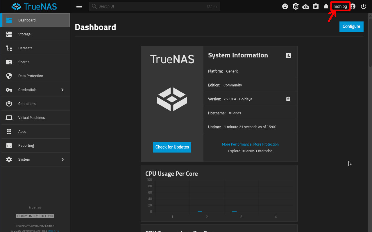 TrueNAS25.10 ダッシュボード(ユーザー:mohlog)